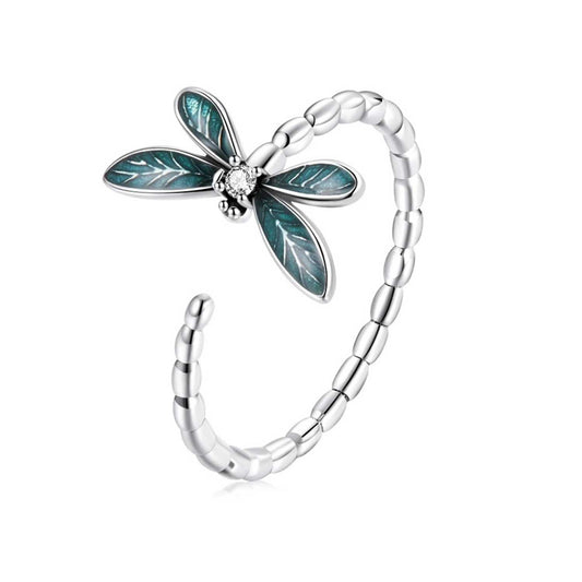 Green Dragonfly Adjustable Ring Sterling Silver
