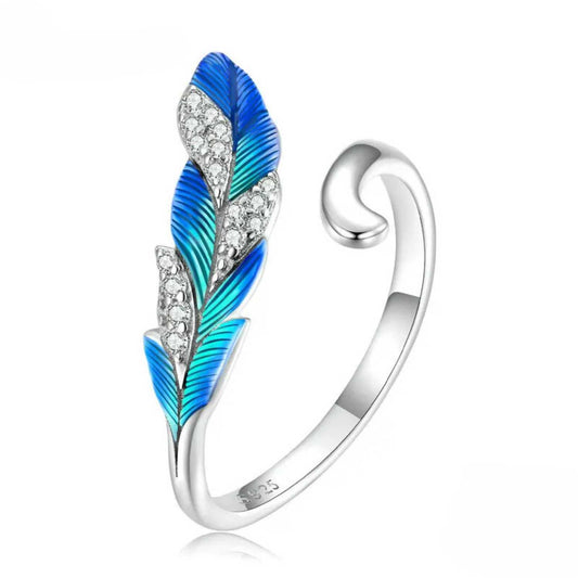 Chic Silver Blue Feather Adjustable Ring