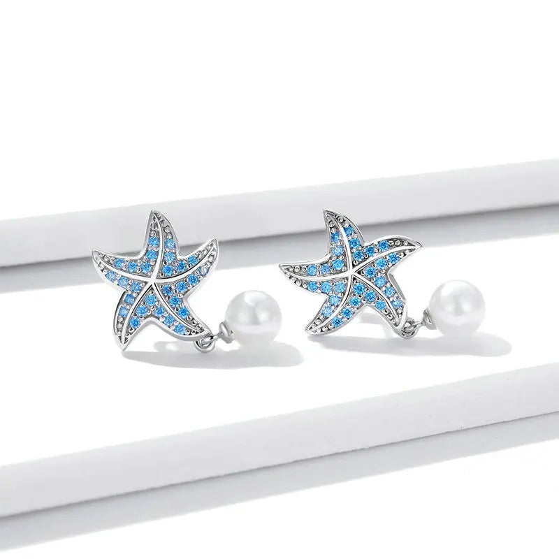 Ocean Blue Zircon Starfish Stud Earrings