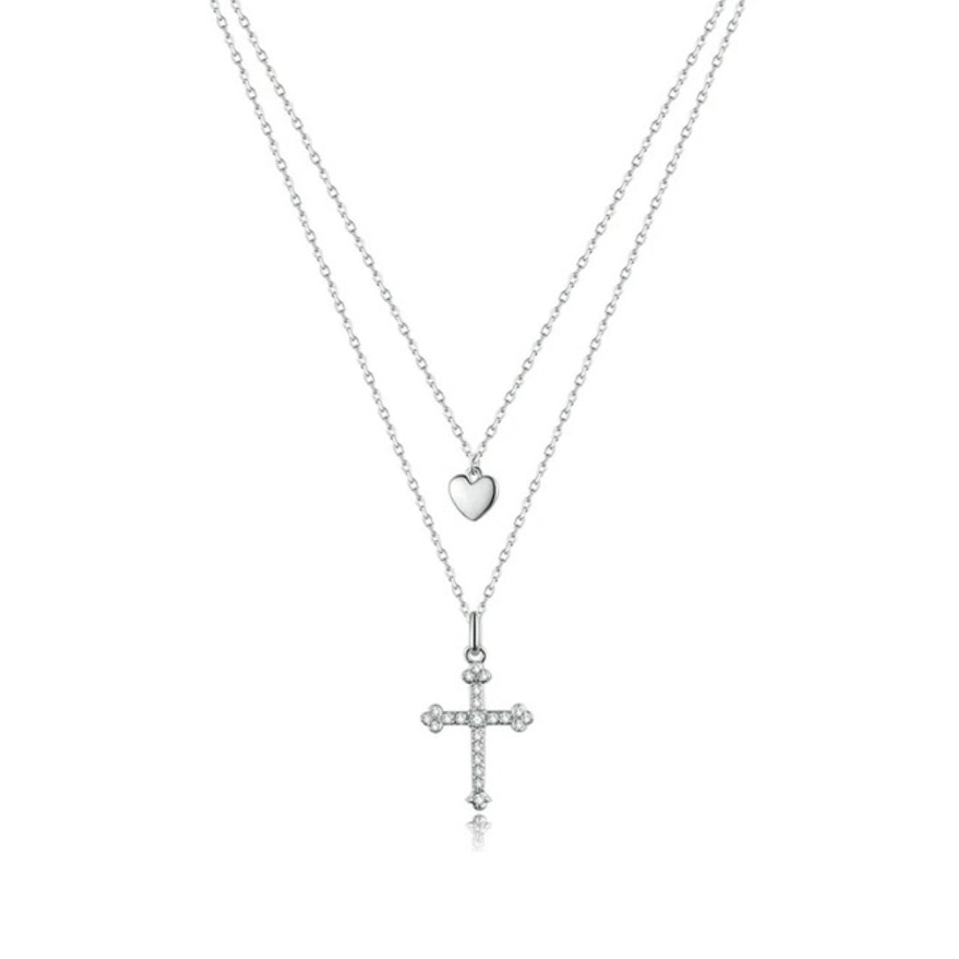 Cross and Heart Double Layer Pendant Necklace