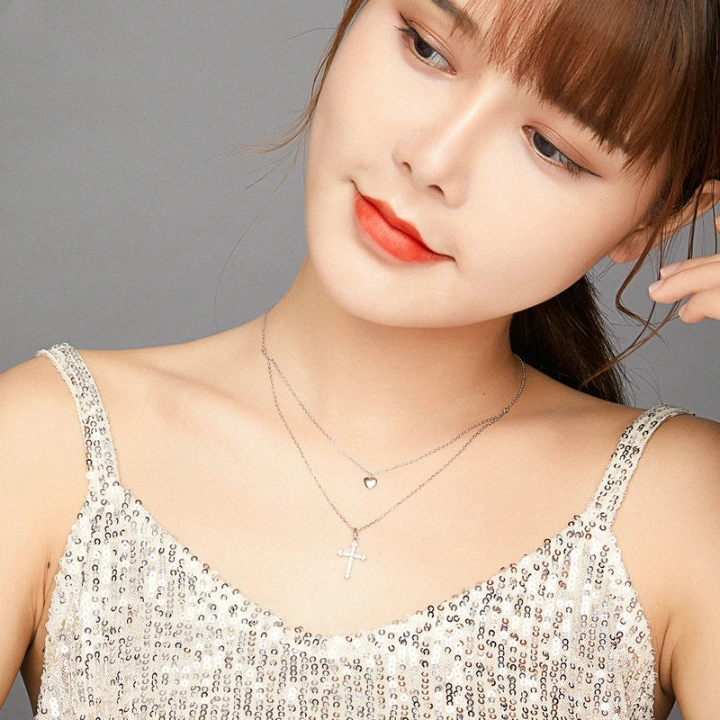 Cross and Heart Double Layer Pendant Necklace