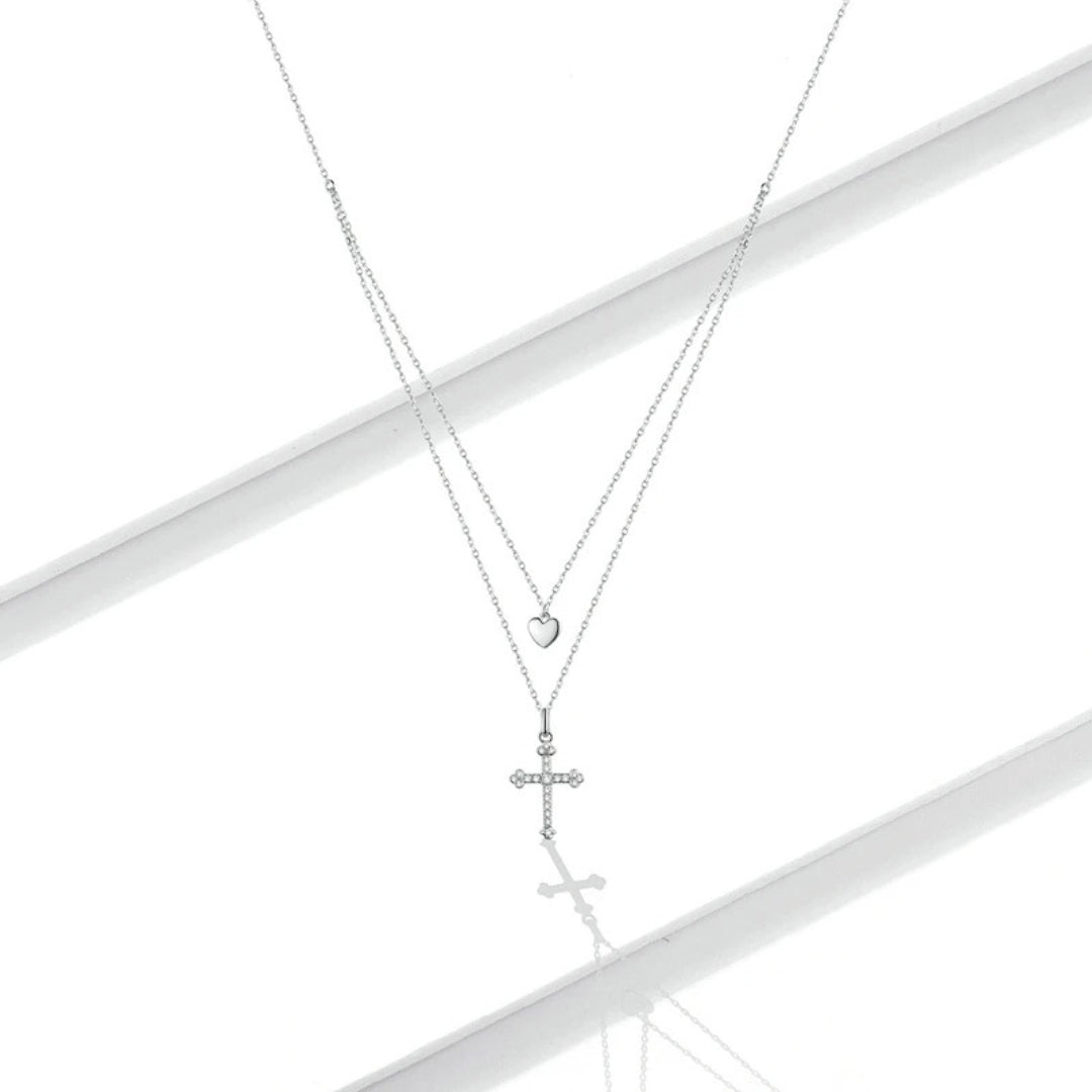 Cross and Heart Double Layer Pendant Necklace
