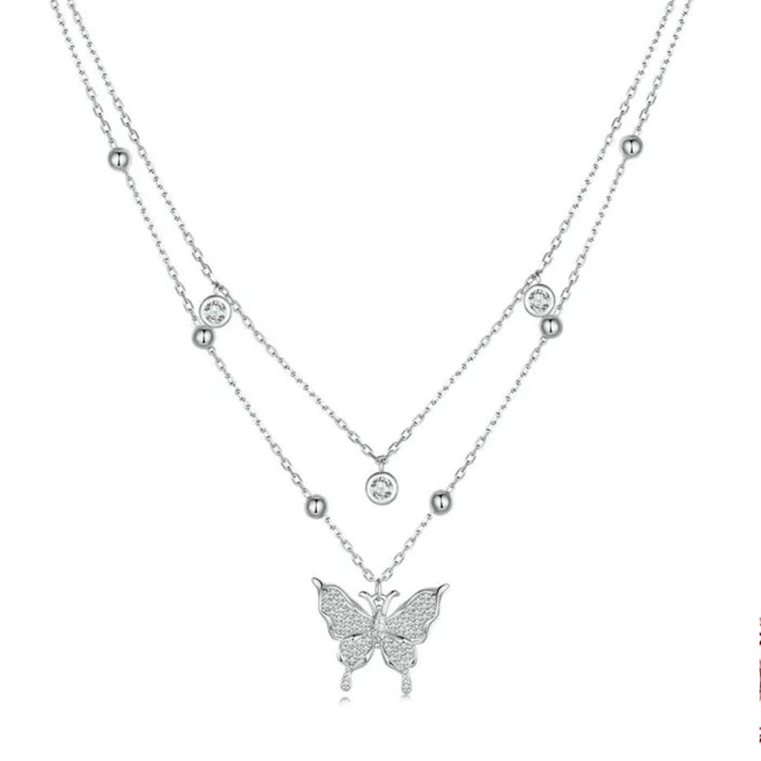 Double-layer Tassel Butterfly Pendant Necklace