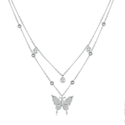 Double-layer Tassel Butterfly Pendant Necklace