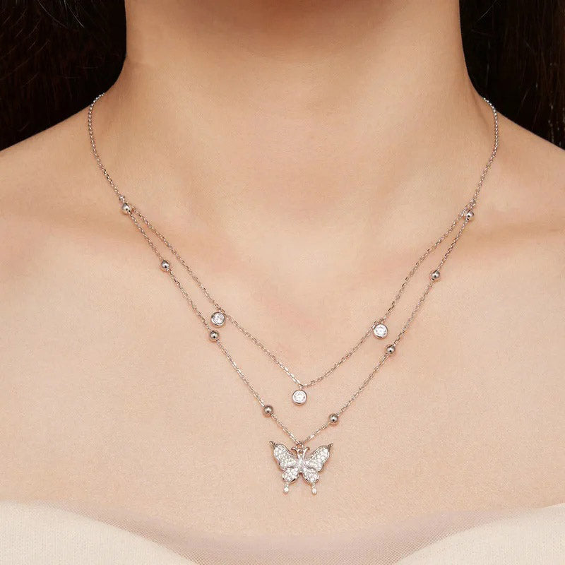 Double-layer Tassel Butterfly Pendant Necklace