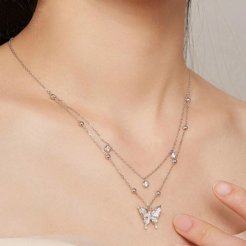 Double-layer Tassel Butterfly Pendant Necklace