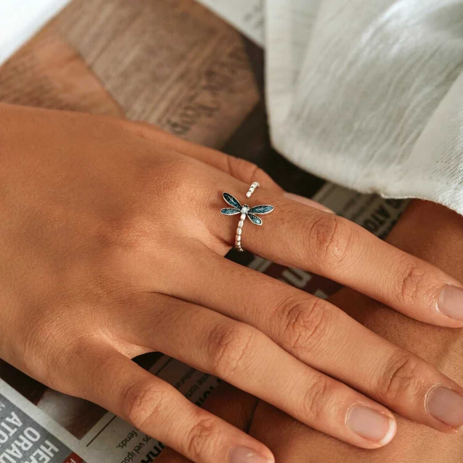Green Dragonfly Adjustable Ring Sterling Silver