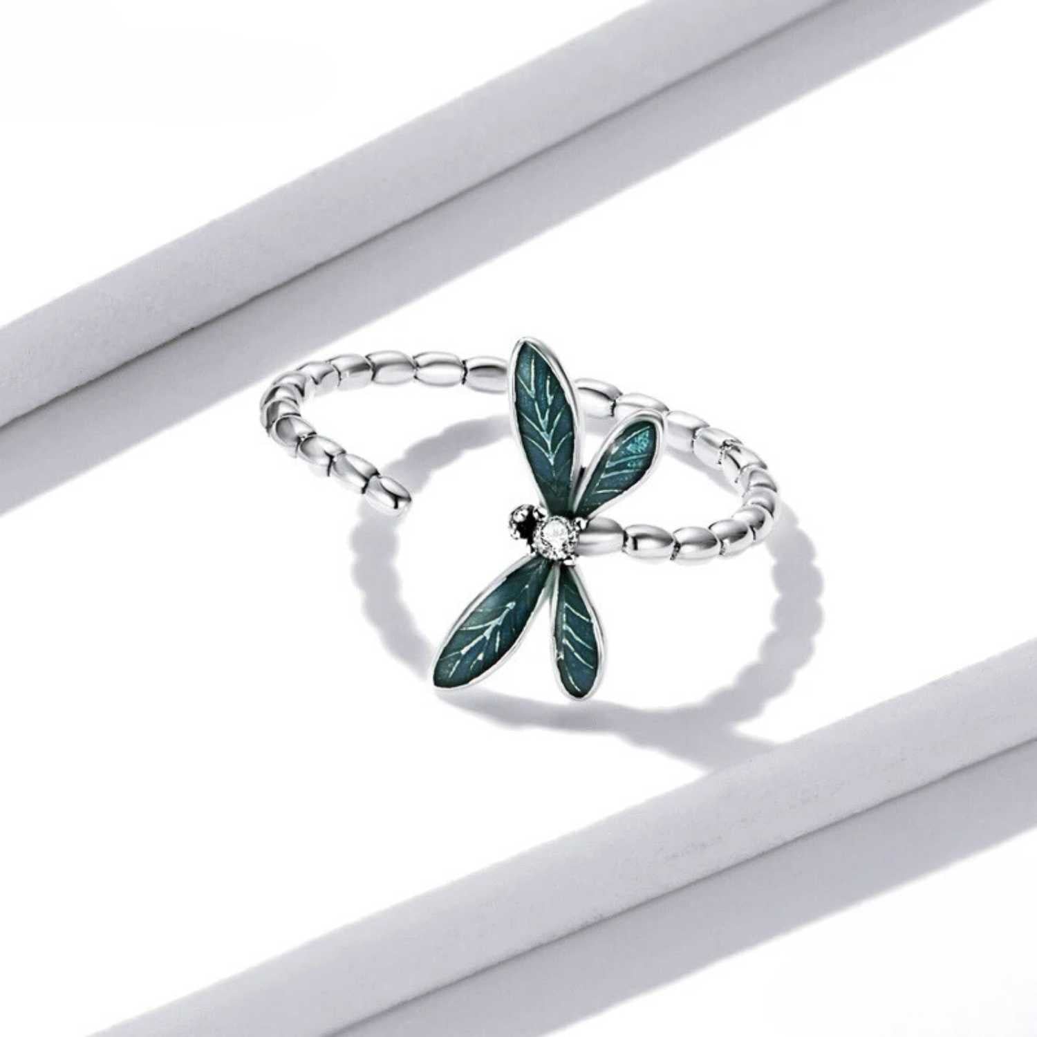 Green Dragonfly Adjustable Ring Sterling Silver