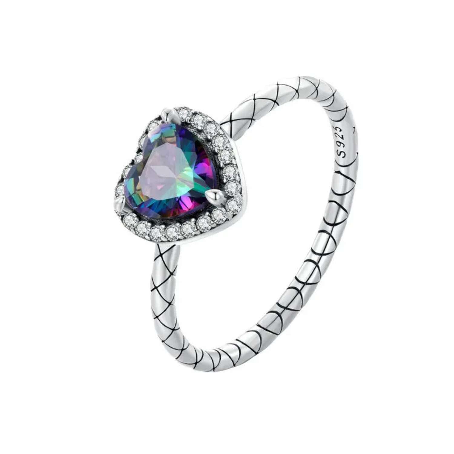 Sterling Silver Heart Gemstone Ring with Snake Pattern