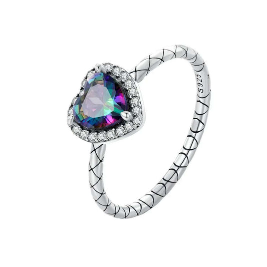 Sterling Silver Heart Gemstone Ring with Snake Pattern