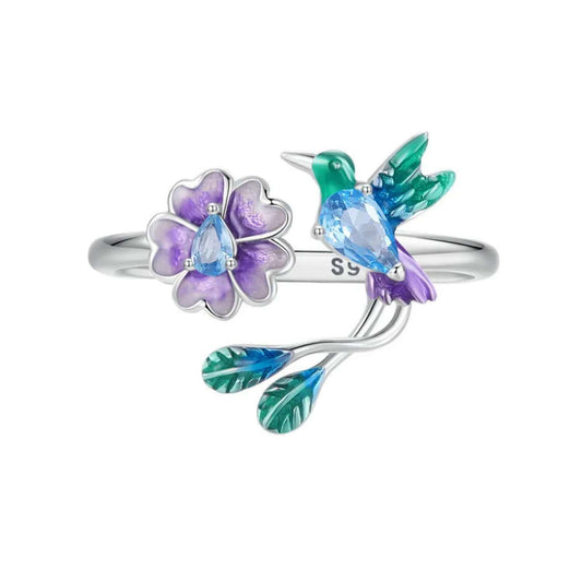 Silver Dragonfly & Flower Adjustable Ring