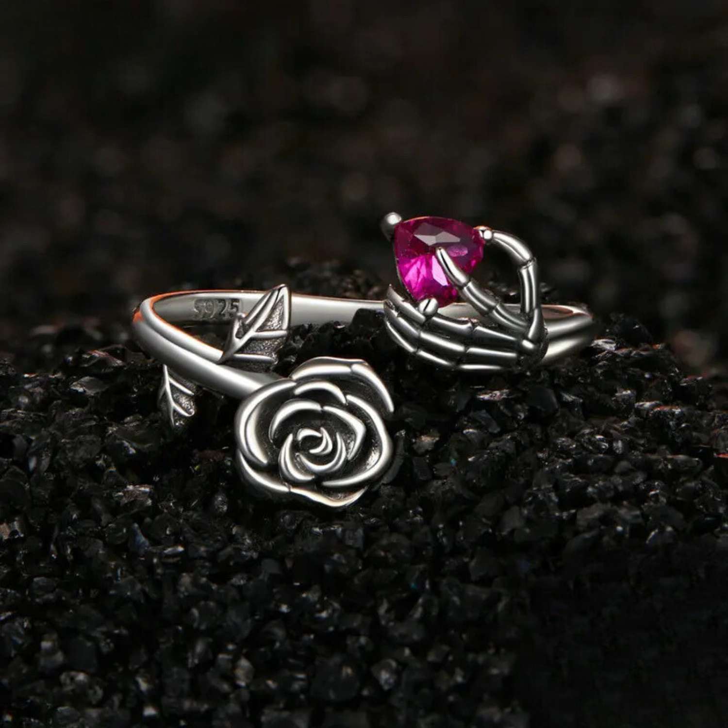 Skeleton and Rose Vintage Sterling Silver Ring