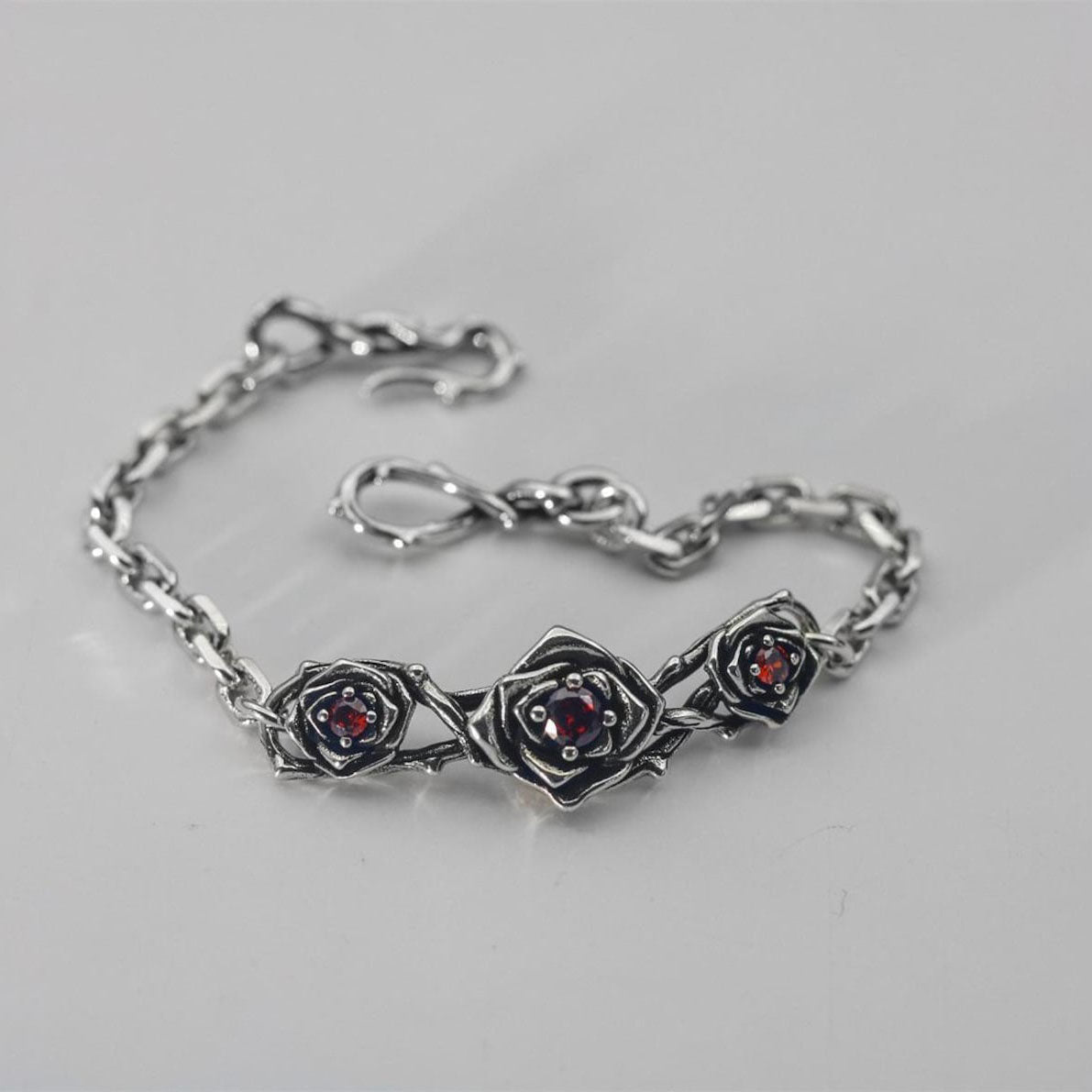 Gothic Rose Bracelet with Red Zircon and Silver