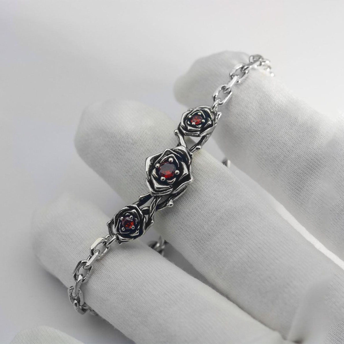 Gothic Rose Bracelet with Red Zircon and Silver