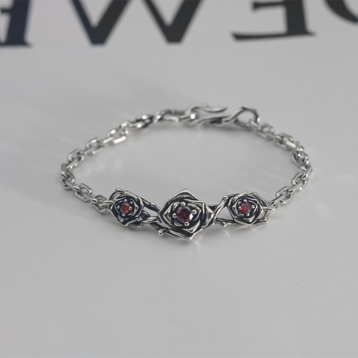 Gothic Rose Bracelet with Red Zircon and Silver