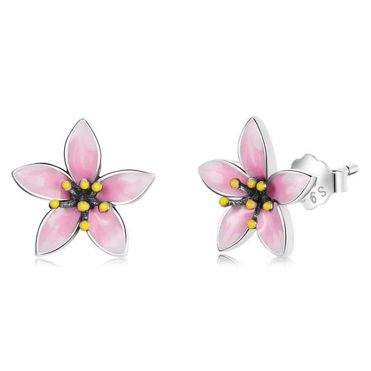 Elegant Enamel Pink Cherry Blossom Stud Earrings