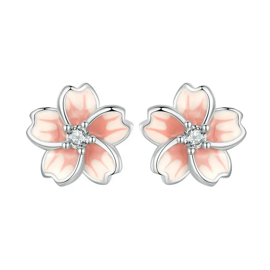Pink Enamel Cherry Blossom Stud Earrings