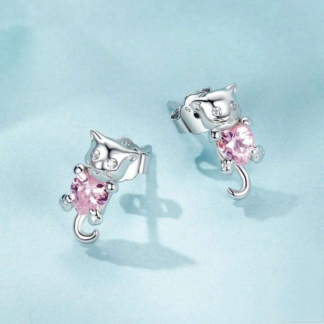 Pink Love Diamond Cute Cat Stud Earring