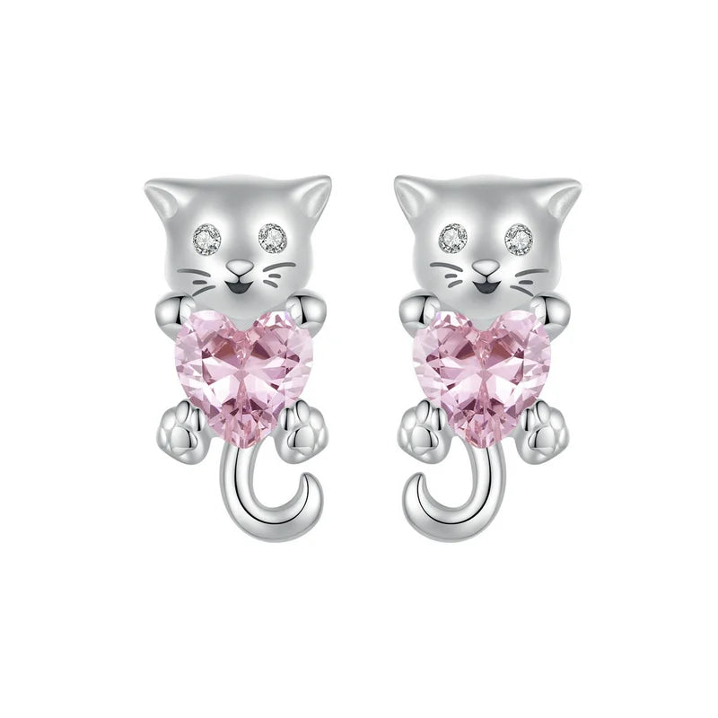 Pink Love Diamond Cute Cat Stud Earring