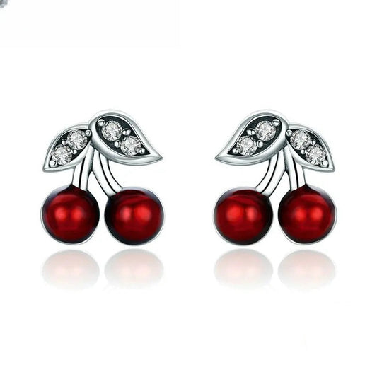 Cherry Red Enamel & CZ Stud Earrings