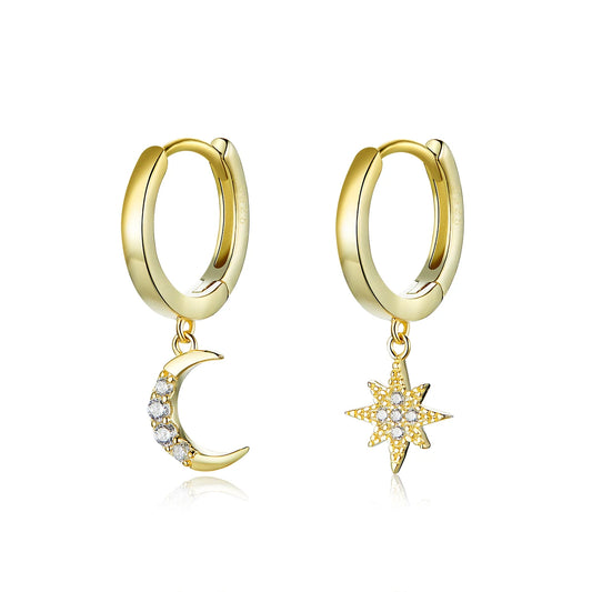 Star & Moon Dangle Earrings with Charm