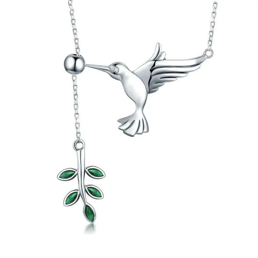 Spring Bird & Tree Leaf Leaves Dangle Pendant Necklace