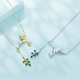 Spring Bird & Tree Leaf Leaves Dangle Pendant Necklace