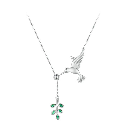 Spring Bird & Tree Leaf Leaves Dangle Pendant Necklace