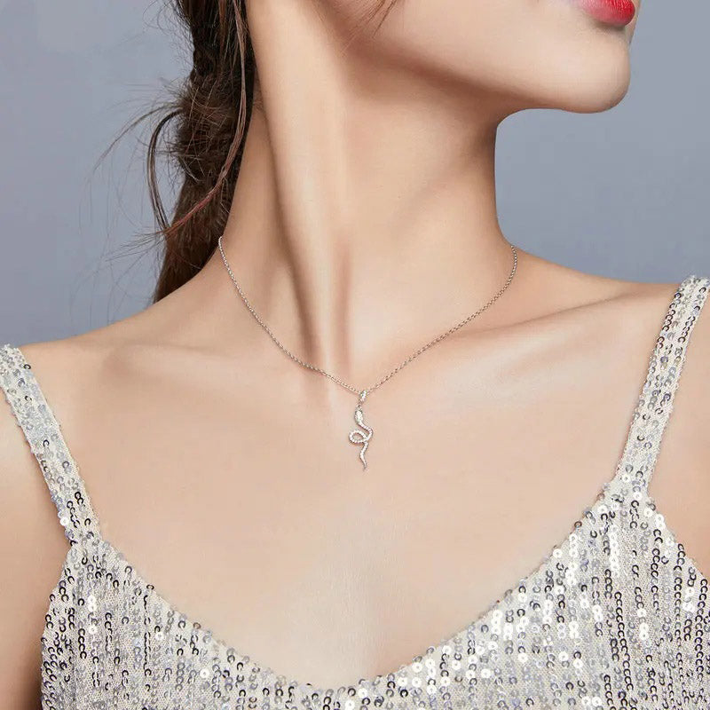 Snake Pendant Necklace Pave Setting CZ