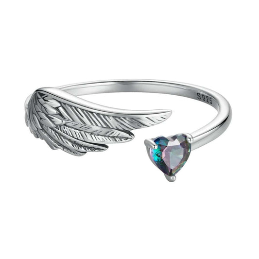 Angel Wings & Zircon Heart Sterling Silver Ring