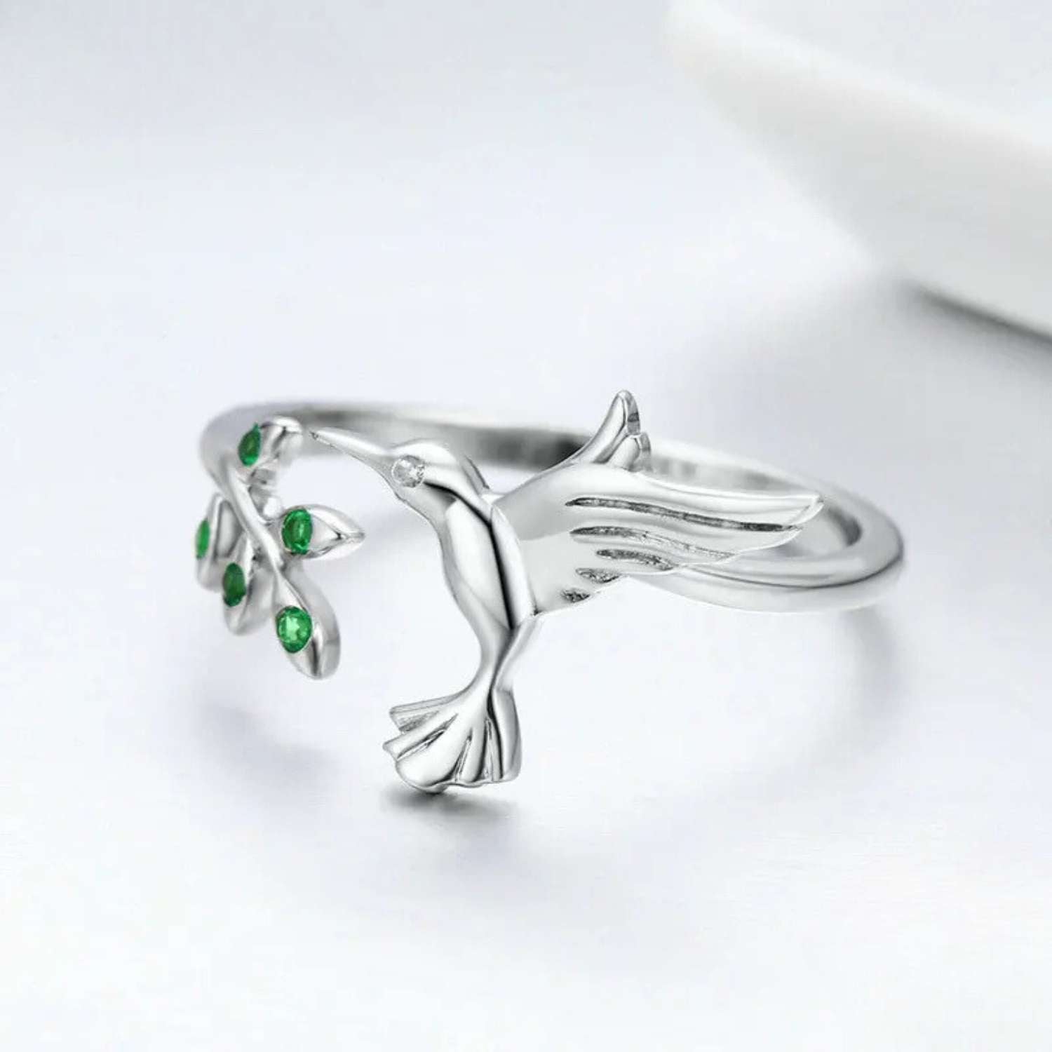 Spring Tree Leaves & Bird Open Silver Ring