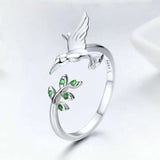 Spring Tree Leaves & Bird Open Silver Ring