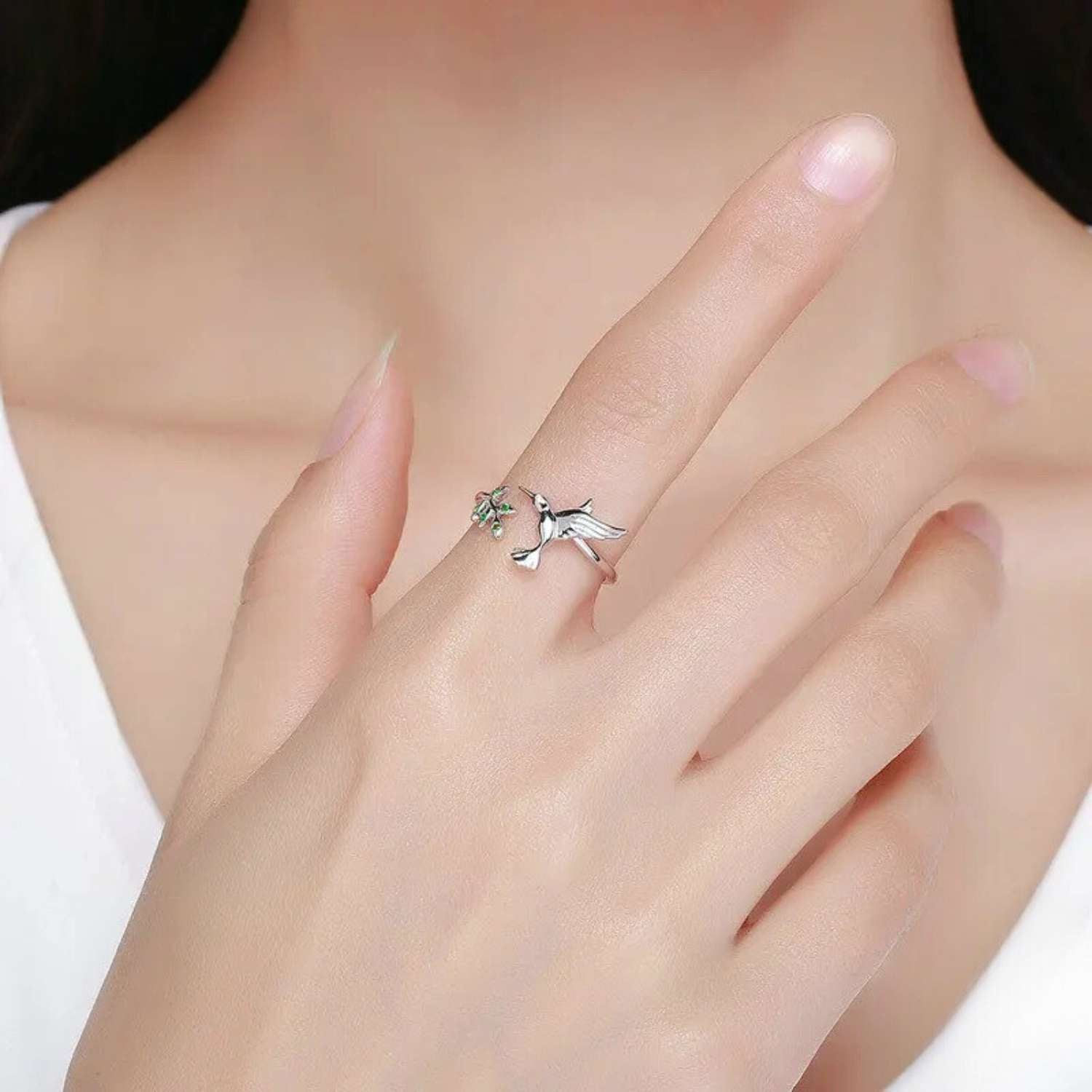 Spring Tree Leaves & Bird Open Silver Ring