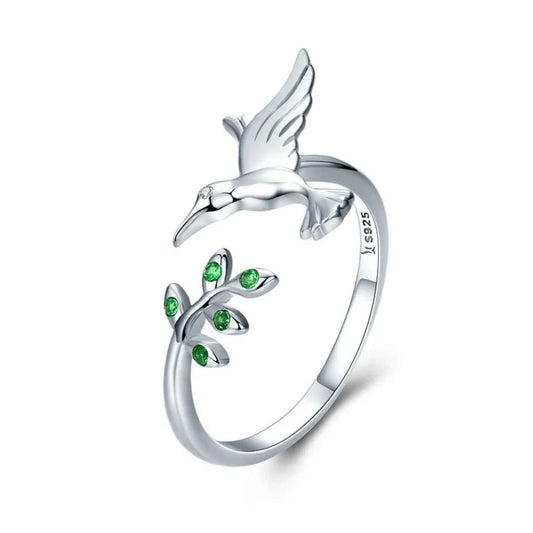 Spring Tree Leaves & Bird Open Silver Ring