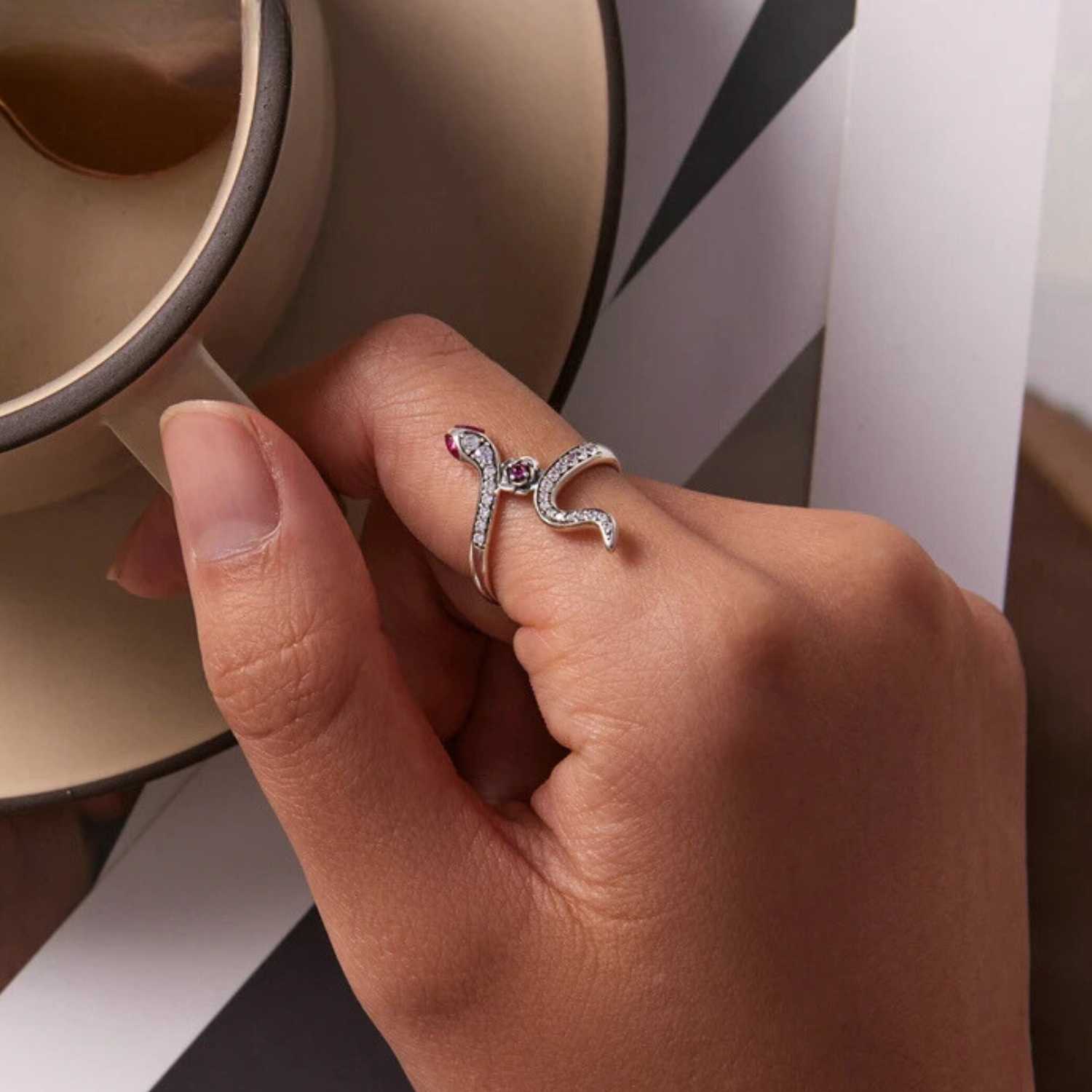Silver Snake & Rose Ring for Women