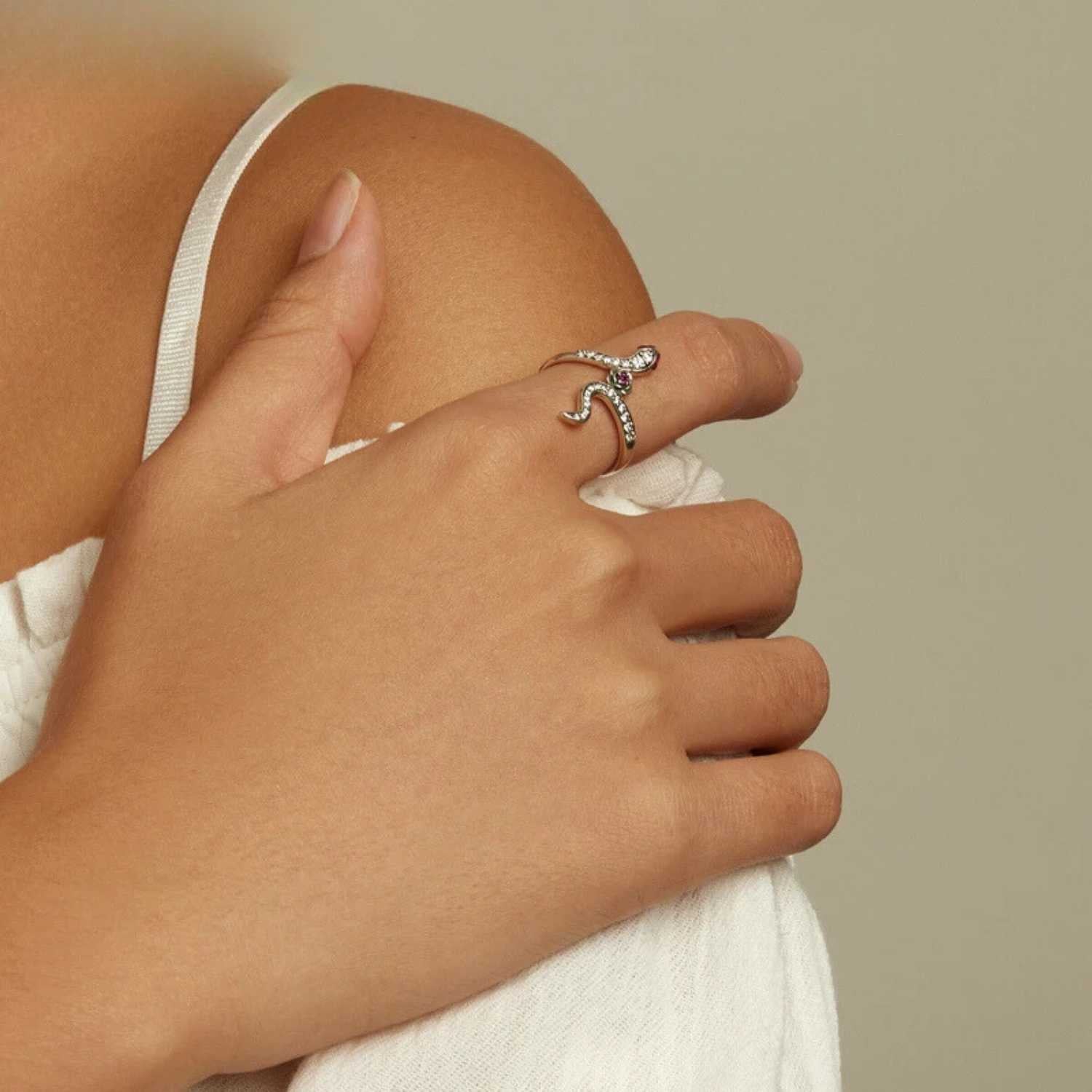 Silver Snake & Rose Ring for Women