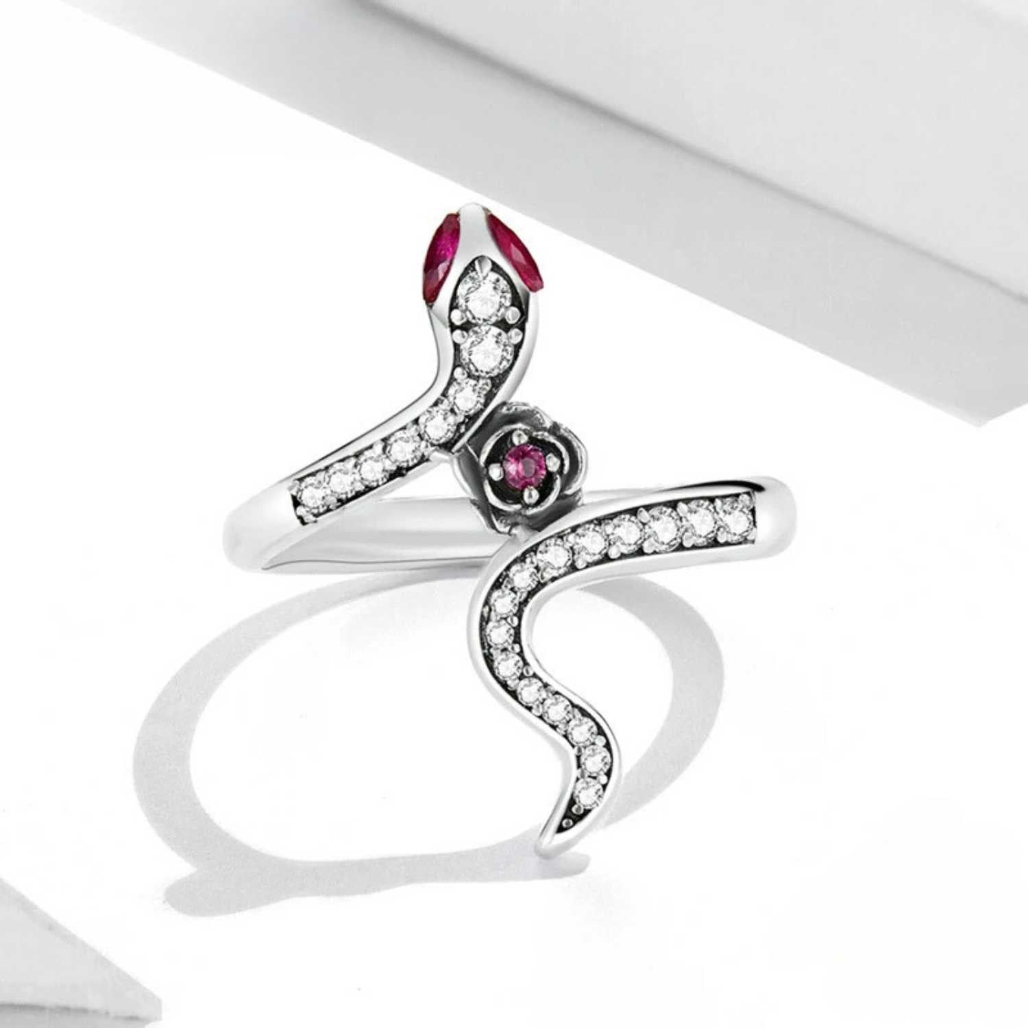 Silver Snake & Rose Ring for Women