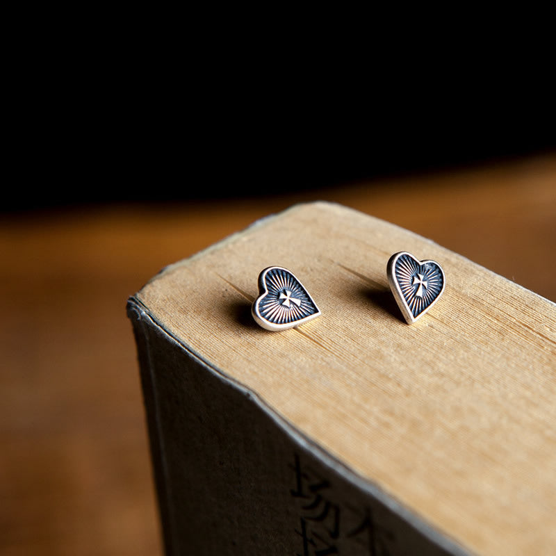 Sacred Heart Cross Studs in 925 Silver