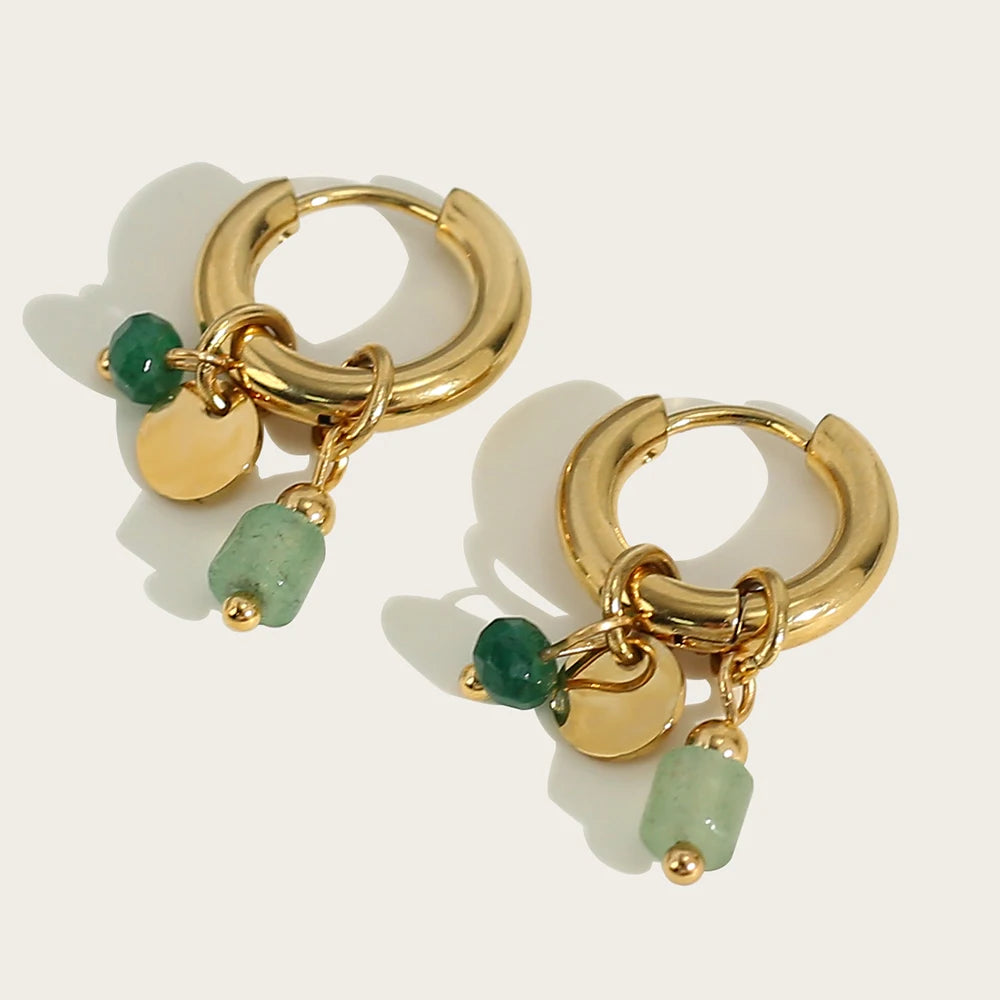 Stainless Steel Stone Charms Hoop Earrings