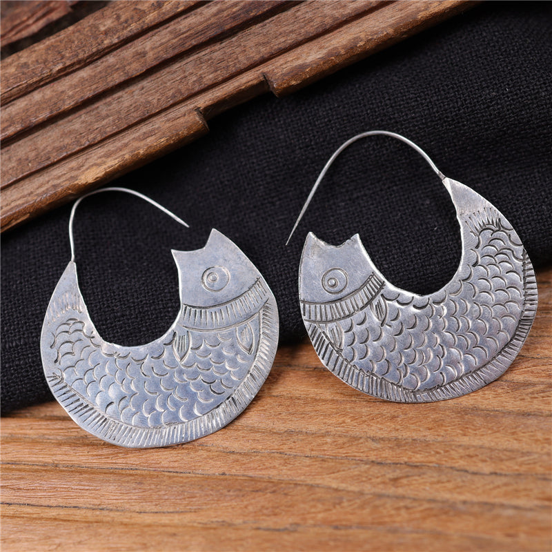 Engaved Silver Huge Fish Earrings