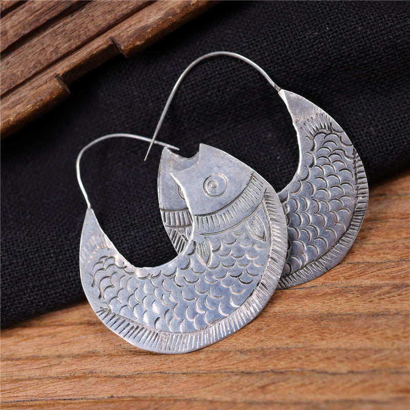 Engaved Silver Huge Fish Earrings