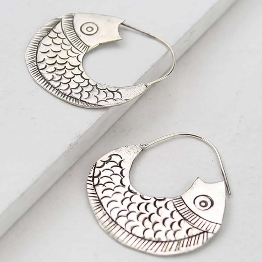 Engaved Silver Huge Fish Earrings