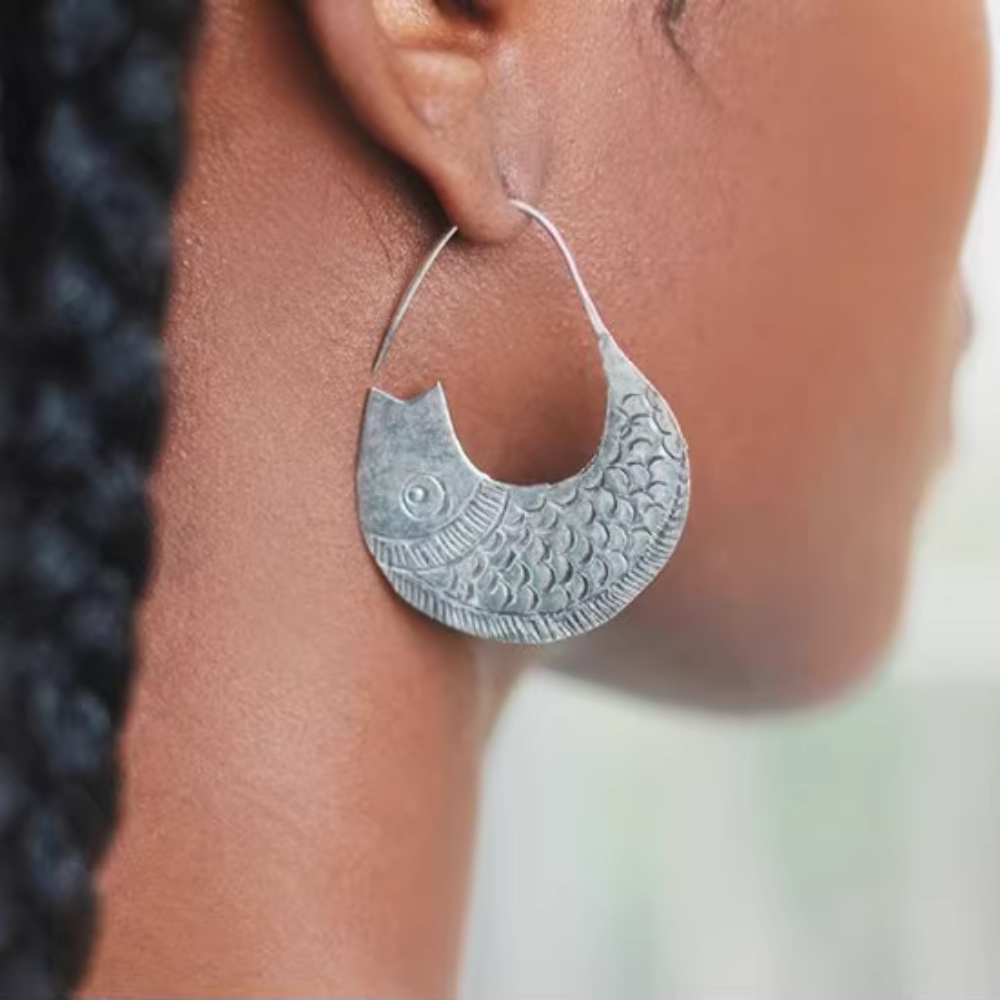 Engaved Silver Huge Fish Earrings