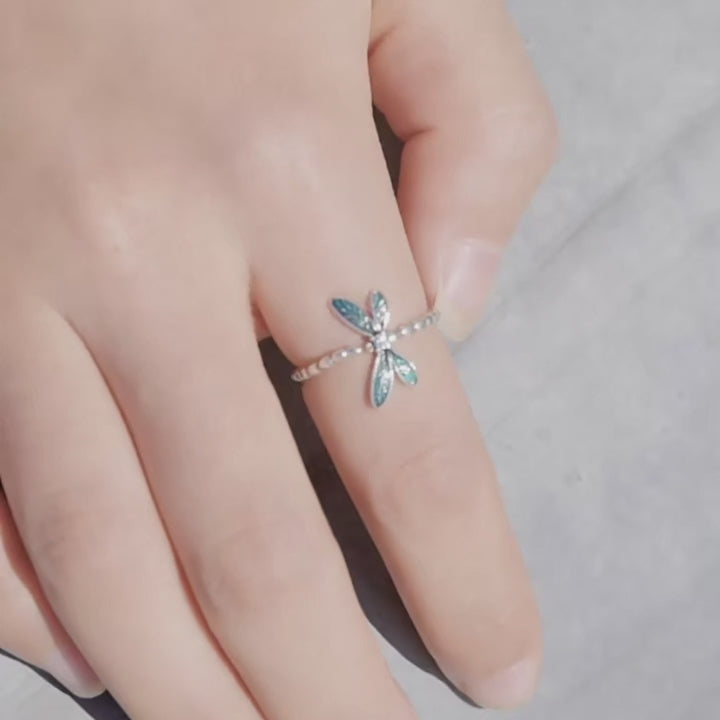 Green Dragonfly Adjustable Ring Sterling Silver